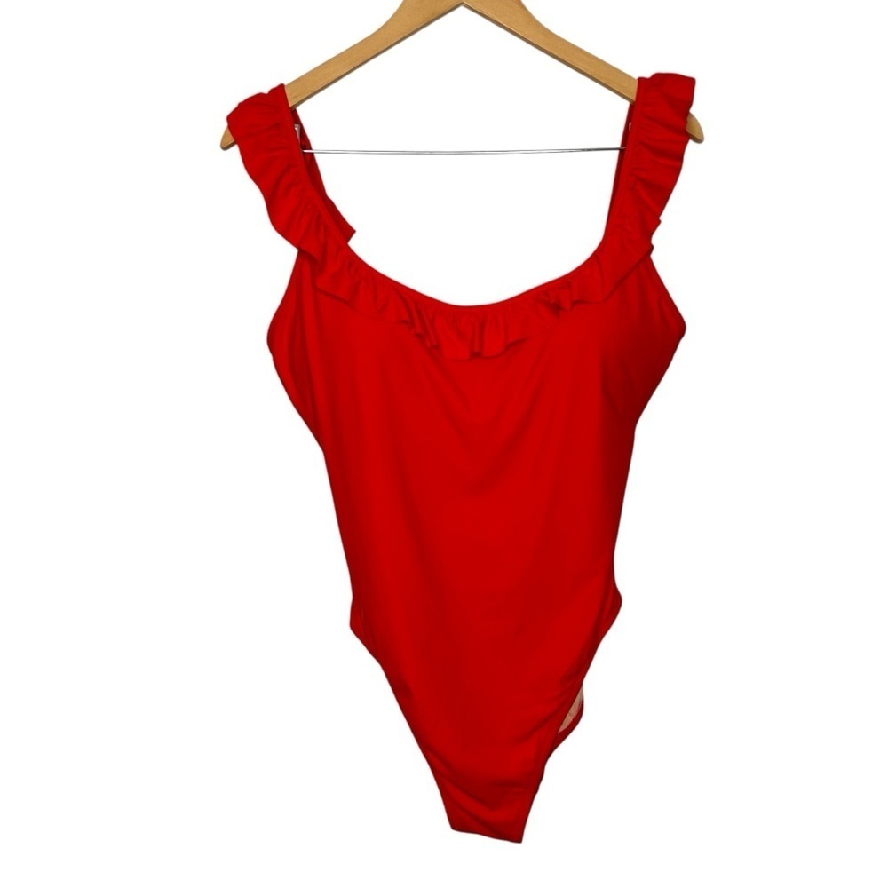 J.Crew Cerise Bright Red Ruffled scoopback One-piece Swimsuit Women’s Size 14 - Picture 7 of 9
